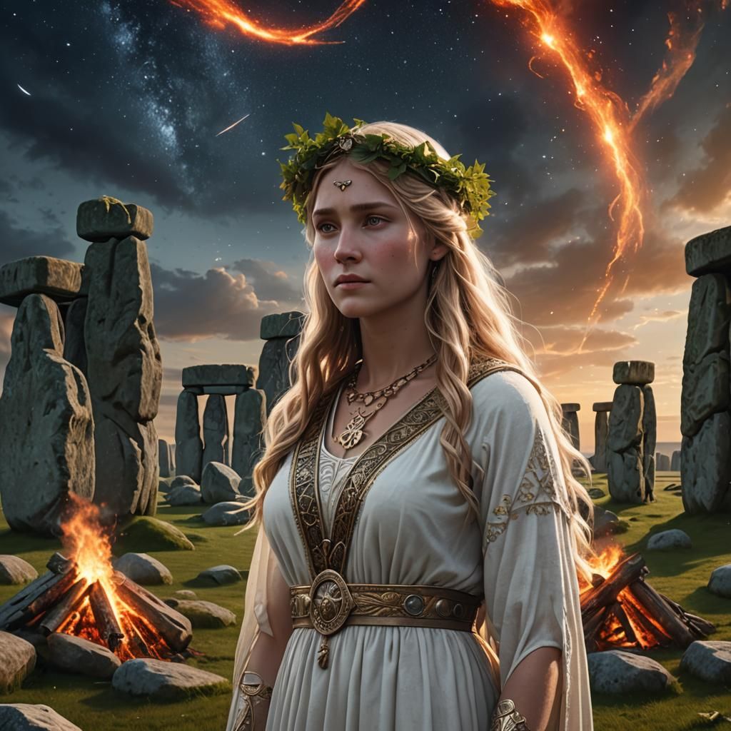 Stonehenge Priestess at Bealtaine Bonfire