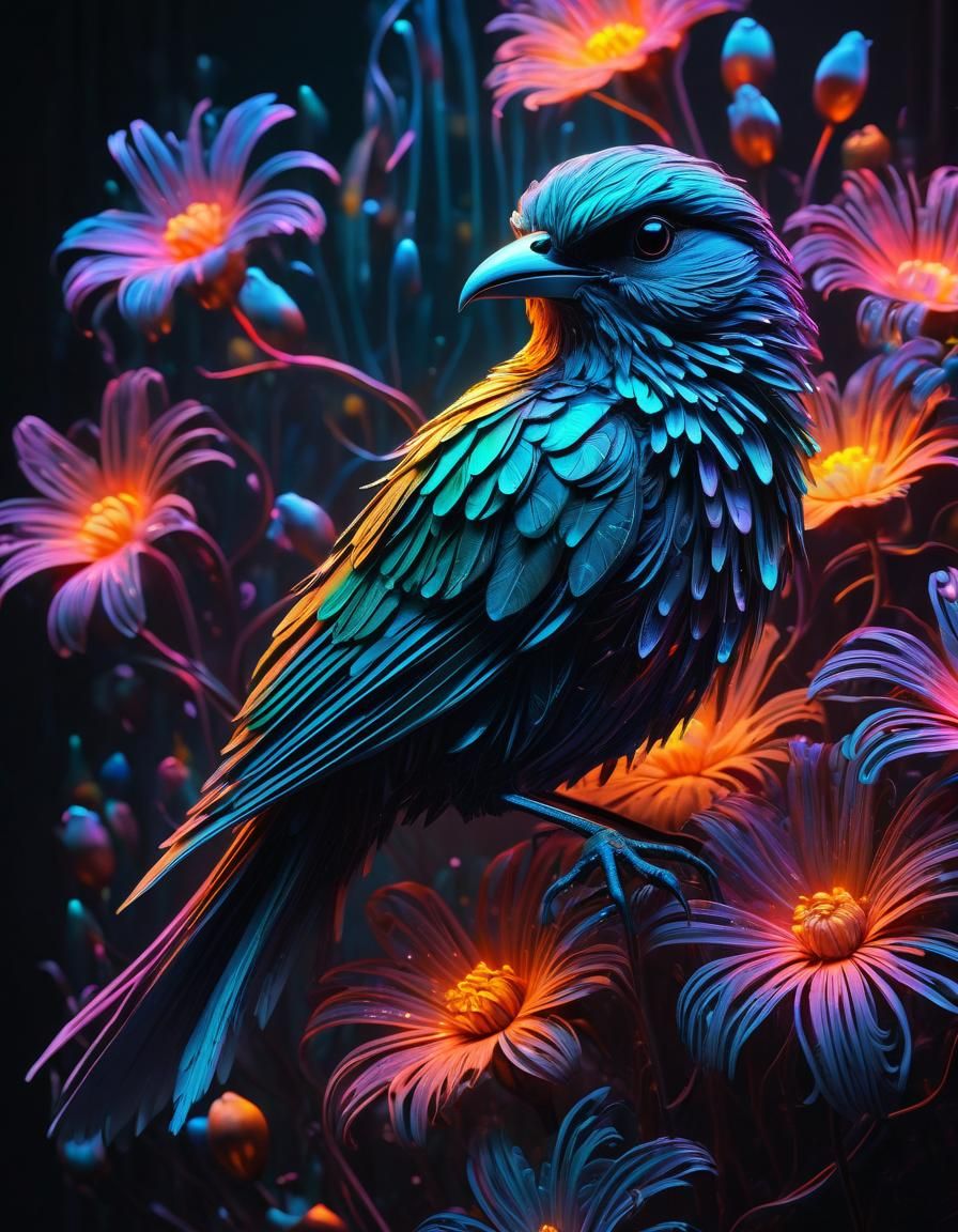 Bioluminescent Bird on Neon Flower, Hyper-Realistic Art