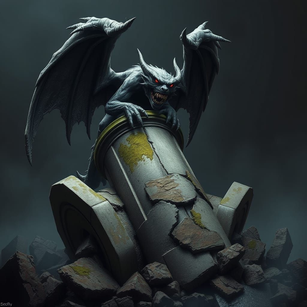 Gothic Gargoyle Perched on Broken Stone Column