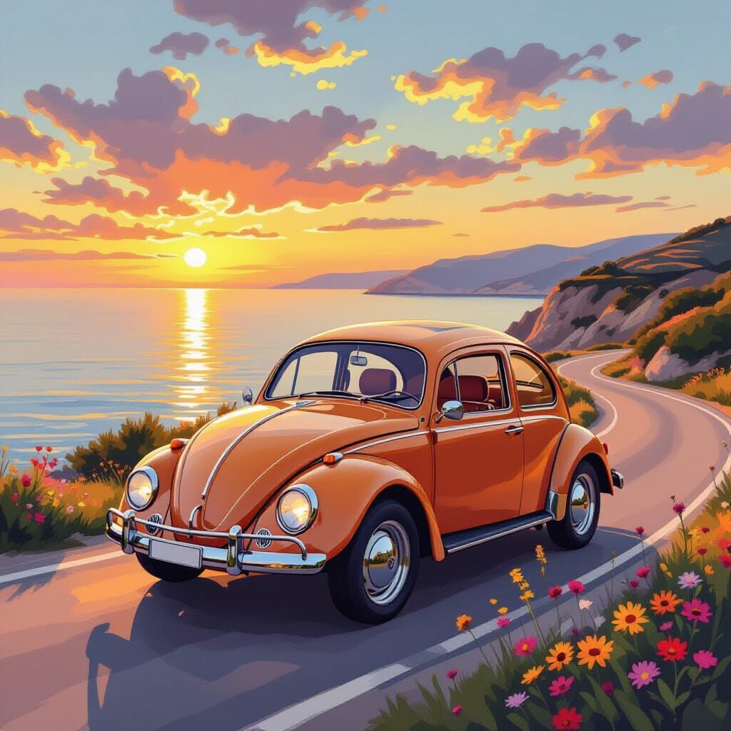 Vintage Beetle on Coastal Road at Sunset