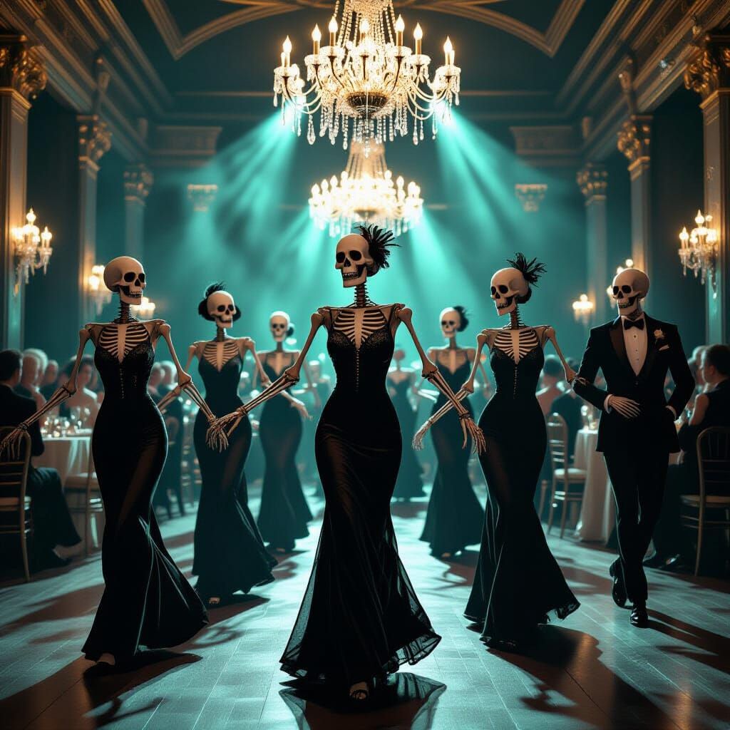 Elegant Skeletons Dancing in a 1920s Ballroom