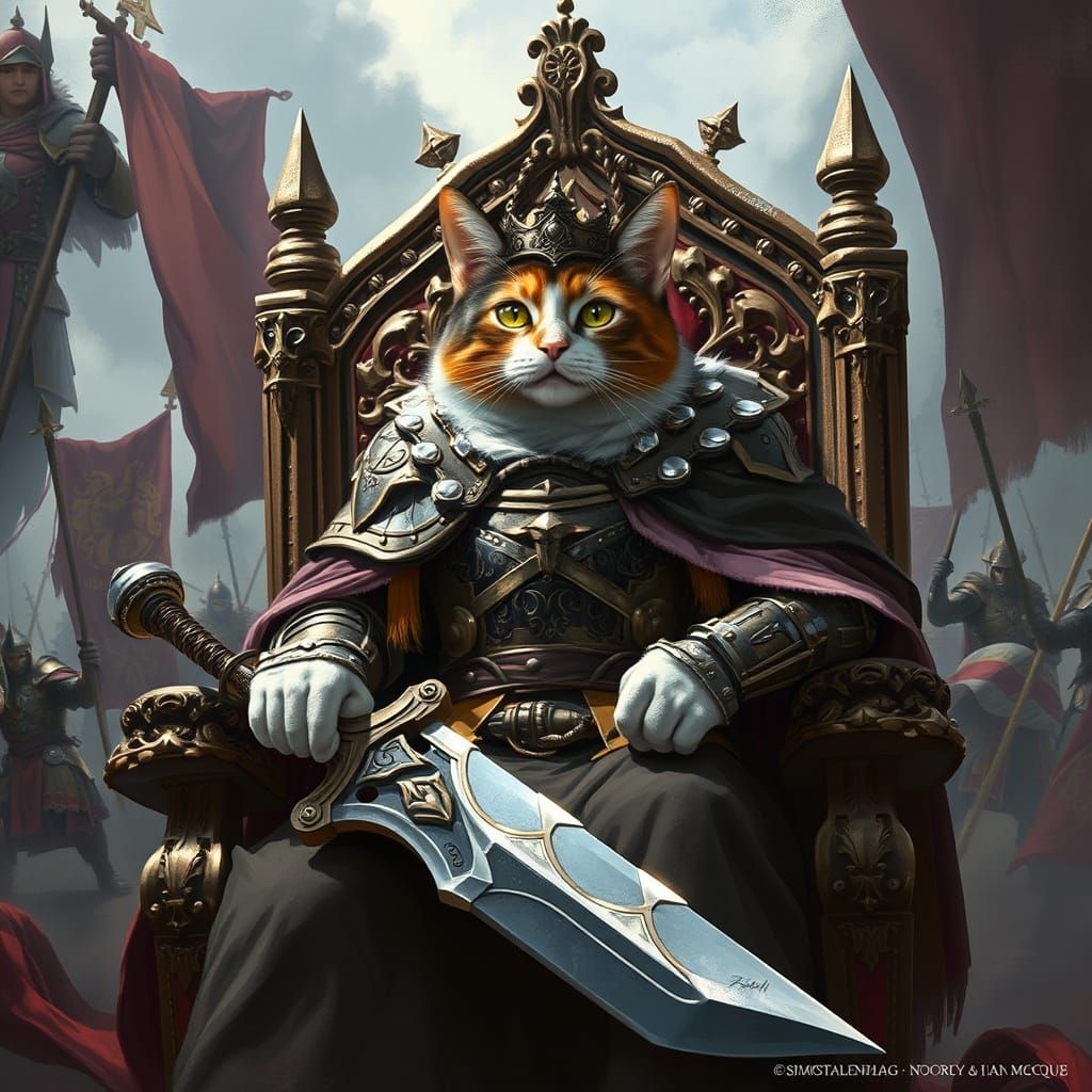 Regal Calico Cat King in Medieval Armor Prepares for Battle