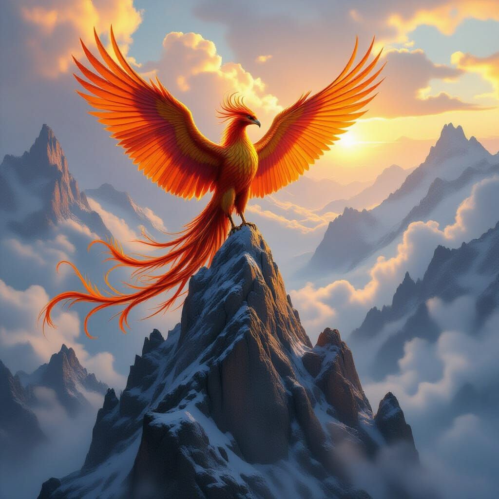 Majestic Phoenix on Crystalline Peak in Fantasy Art Style