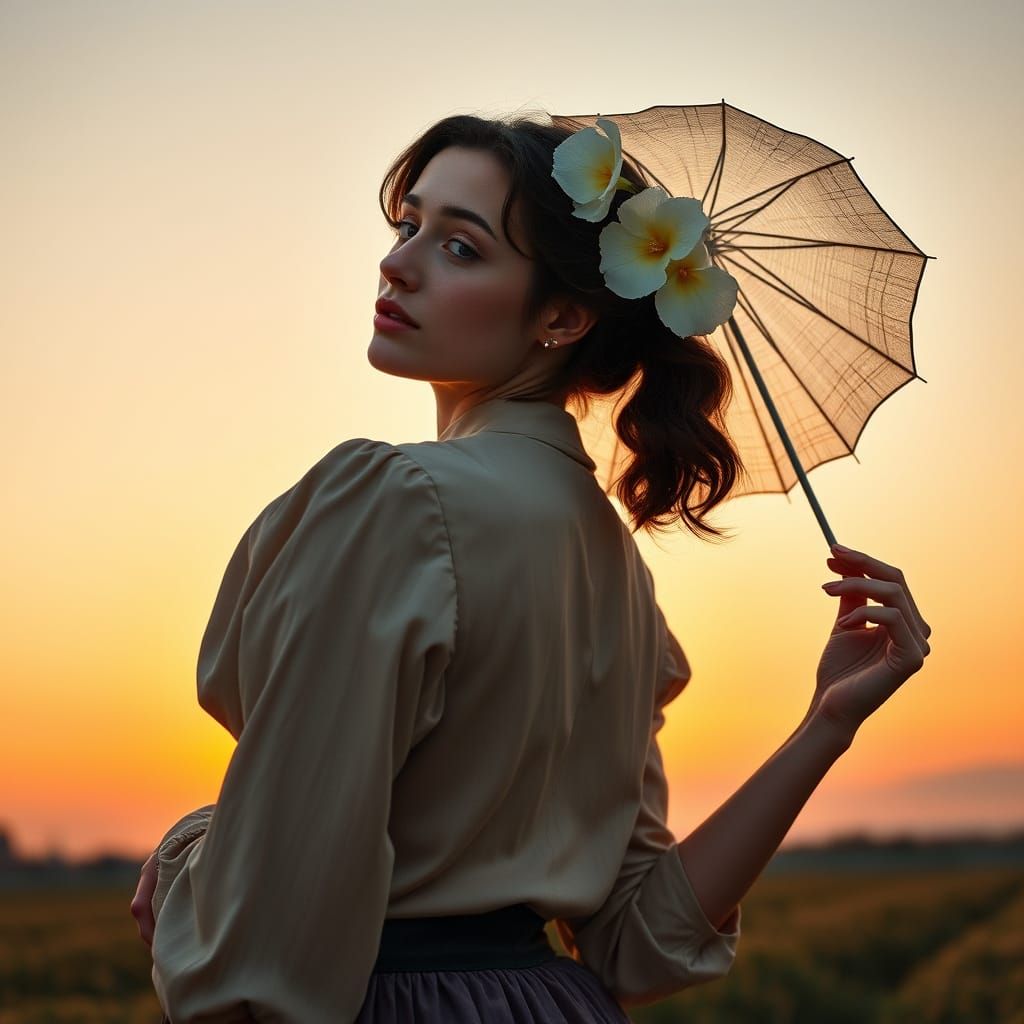 Elegant Woman with Wings and Art Nouveau Paraplu in a Romant...