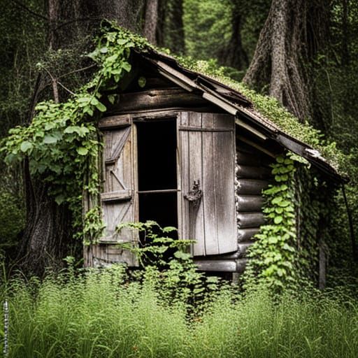 Overgrown Cabin in a Mysterious Forest