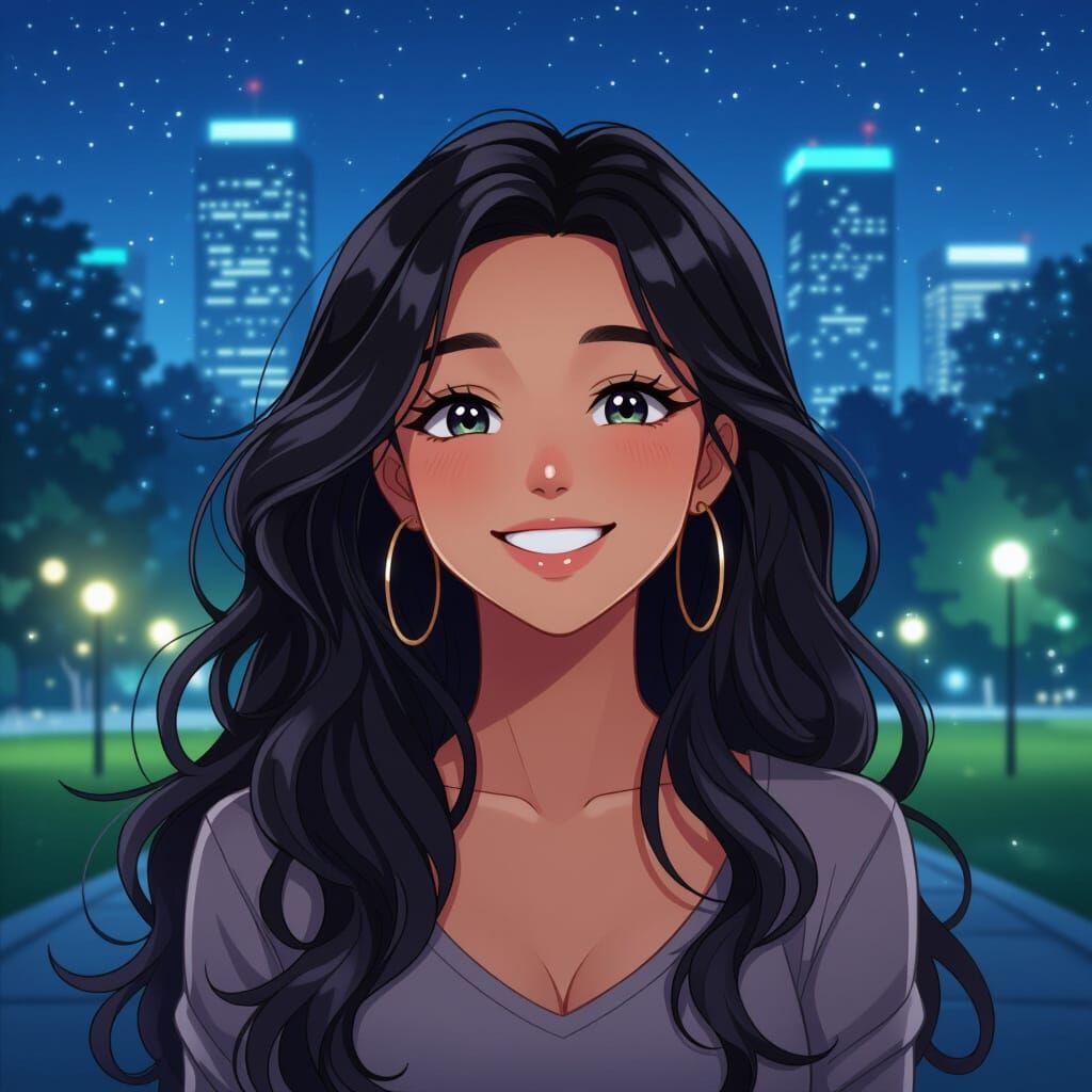 Anime Woman Smiling in Futuristic Park at Night
