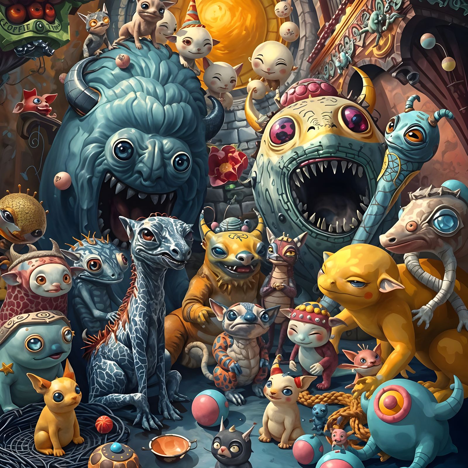 Surreal Fantasy Landscape with Strange Cute Characters
