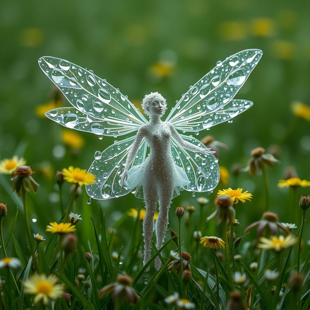 Raindrop Fairy in Meadow: Hyper-Detailed Realism