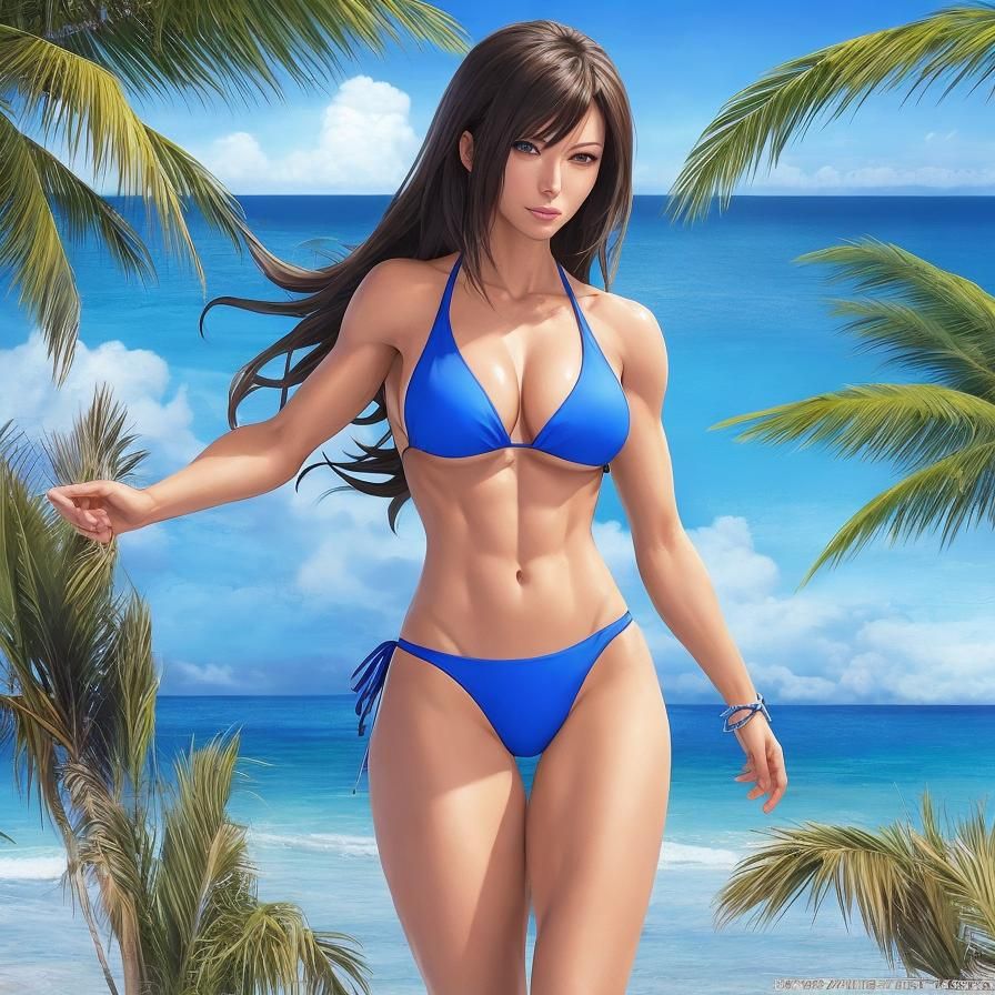 Muscular Woman on Beach in Anime Style