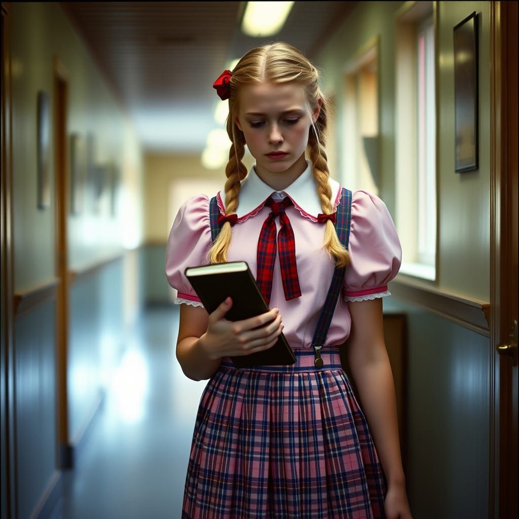 Sad Girl in School Uniform Holding Journal