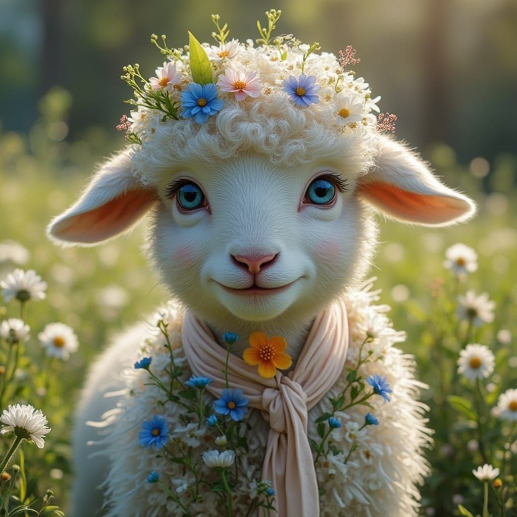 Whimsical Anime Lamb with Flowers and Blue Eyes