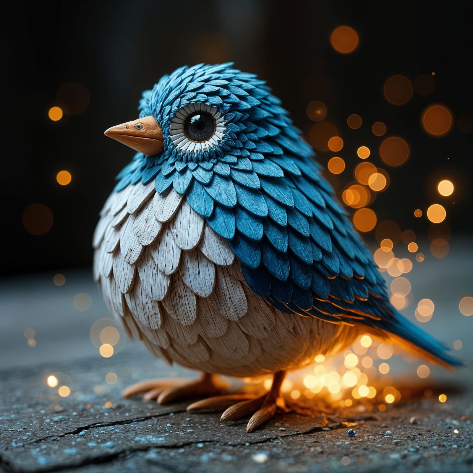 Wooden Pixel Bird in Vibrant Blue and White, with Magical Gl...