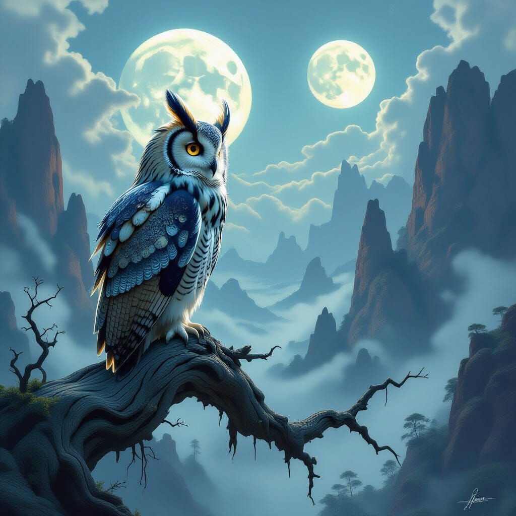 Mystical Owl Over Alien Landscape in Matte Painting Style