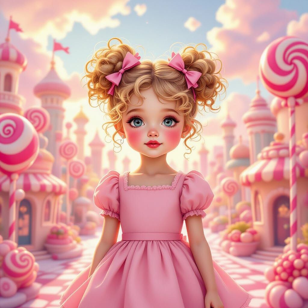 Girl in Candy Wonderland City with Gigantic Sweets