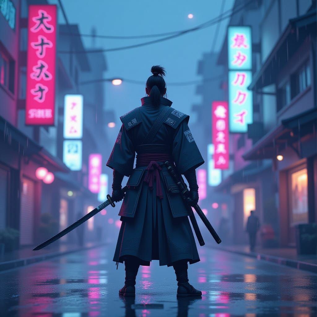 Samurai in Neon City: Retro Anime Illustration