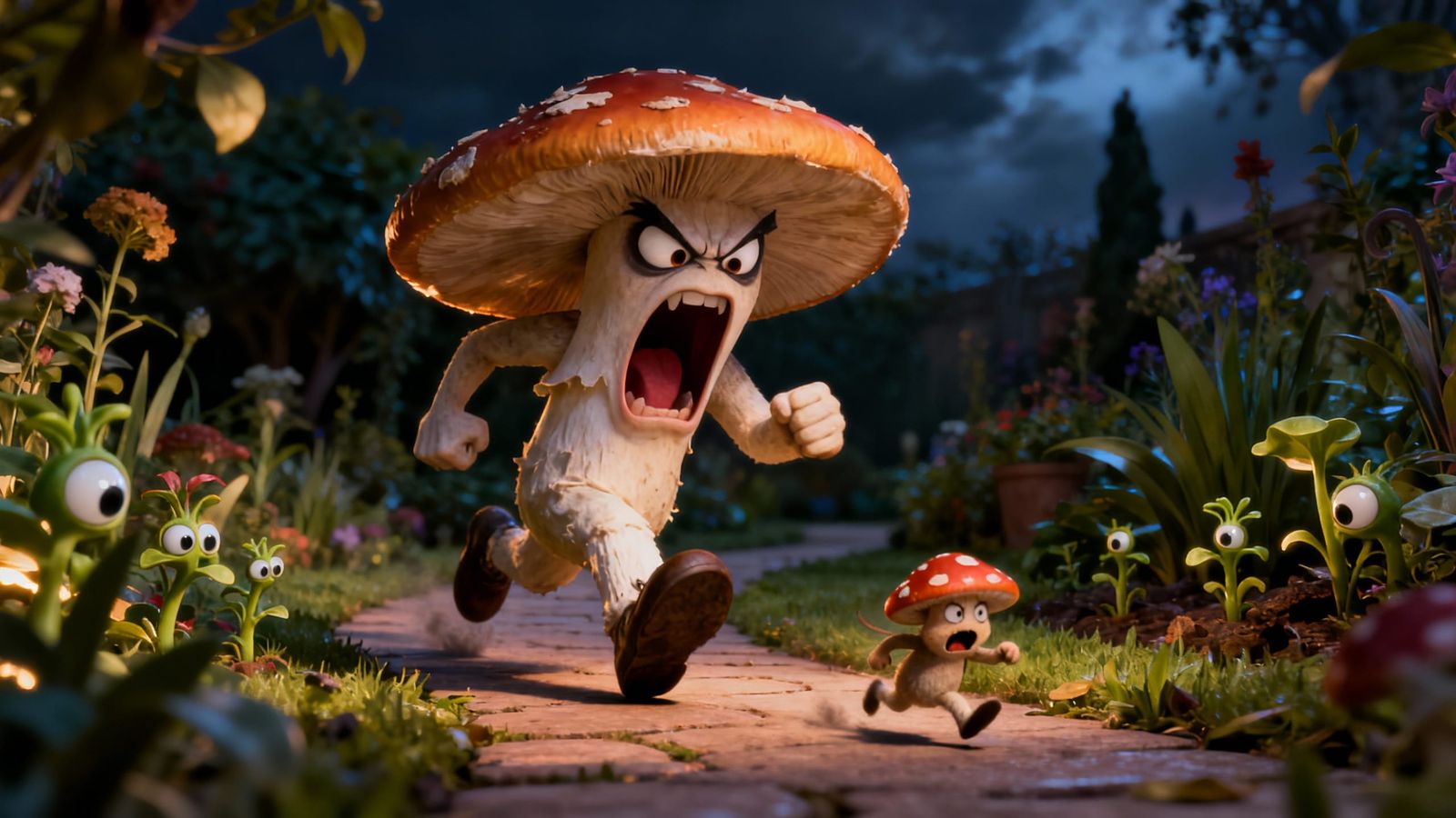 Angry Deathcap Mushroom Chases Frightened Toadstool