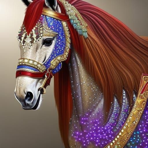 Jewel-Encrusted Horse with Feathers in Splash Art Style