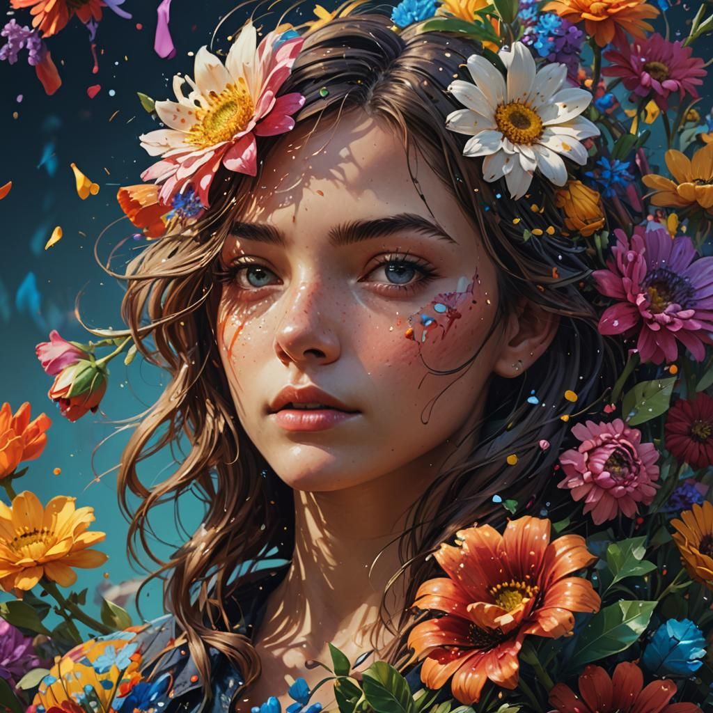 Hyperrealistic Floral Splash Art: Intricate Detail and Color