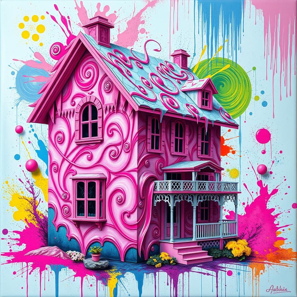 Vibrant Pink Dollhouse Graffiti Art Splash