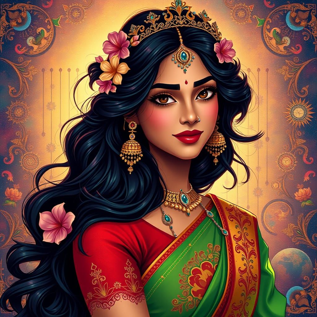 Indian Queen in Vibrant Cosmic Illustration