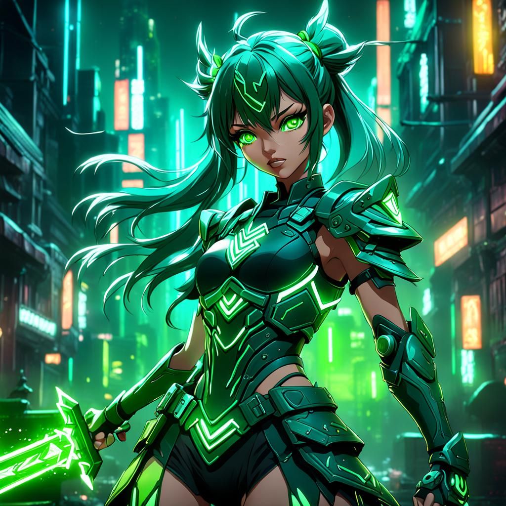 Anime Warrior Girl in Neon Green Light