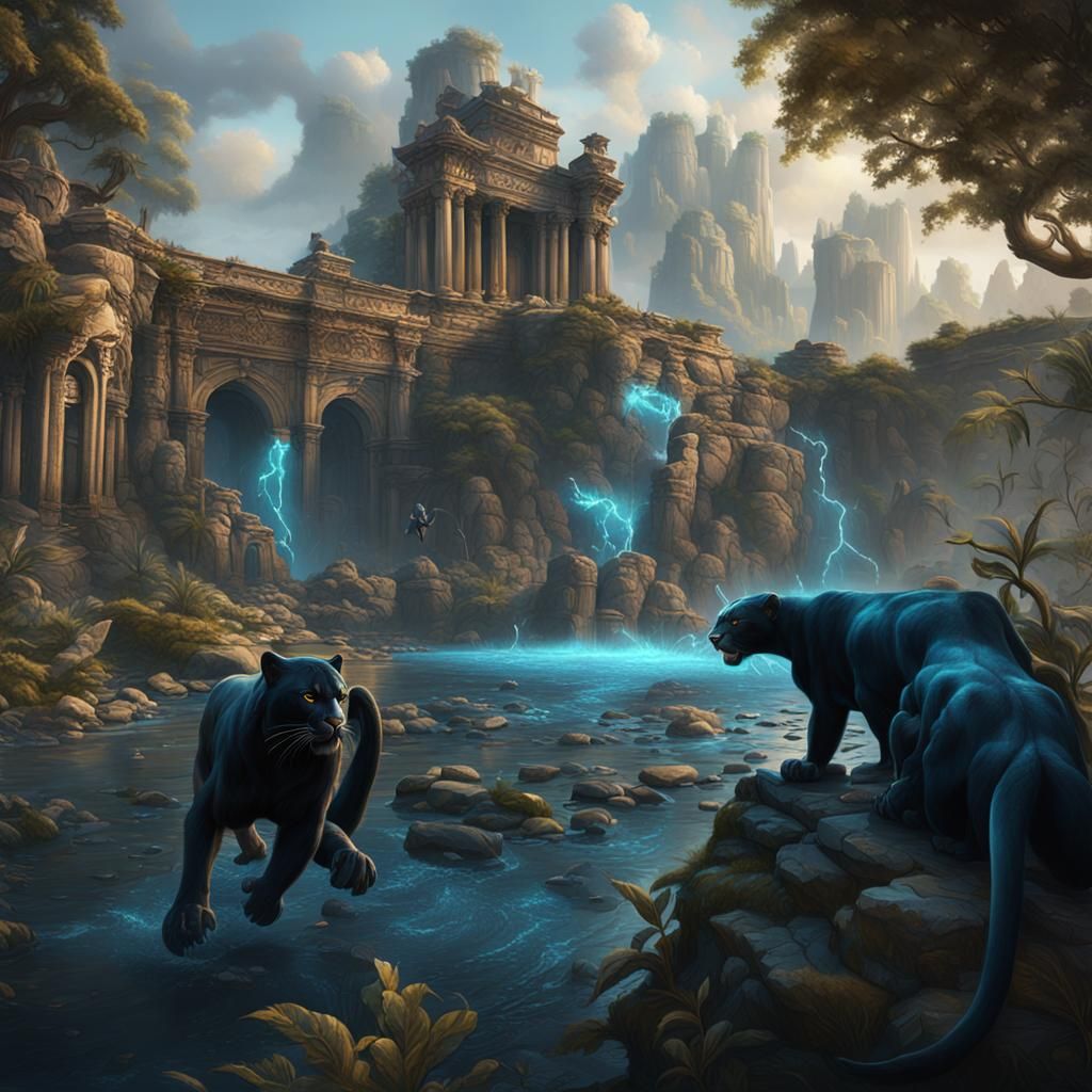 Detailed Matte Painting of Fantastical Panthers