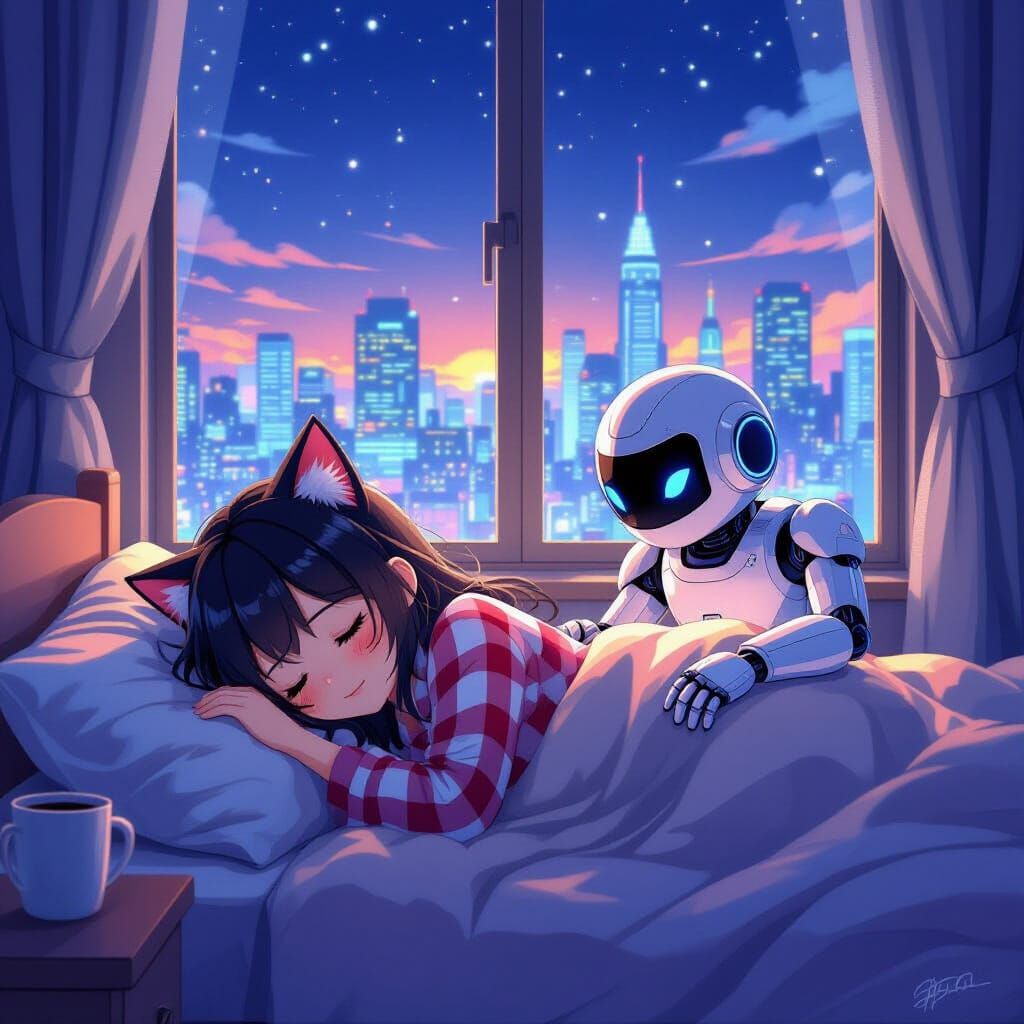 Anime Girl with Cat Ears Sleeps in Futuristic City