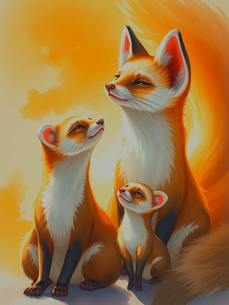 Ferrets Admiring Kitsune Fox in Sunlight