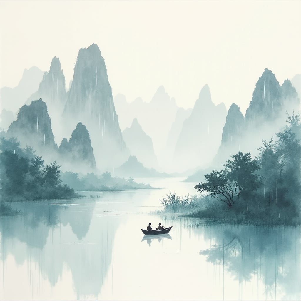 Ethereal Guilin Mountains in Soft Watercolor Hues