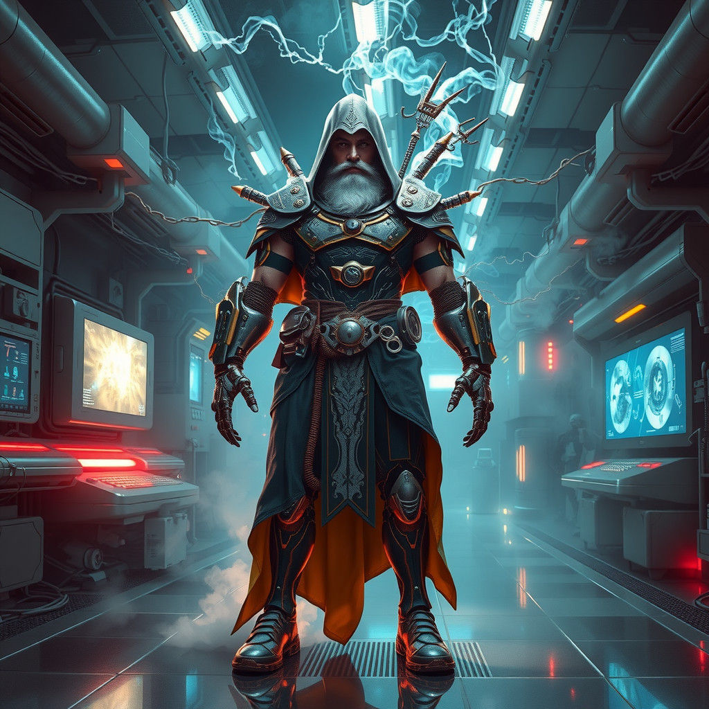 Cyborg Wizard in Futuristic Laboratory