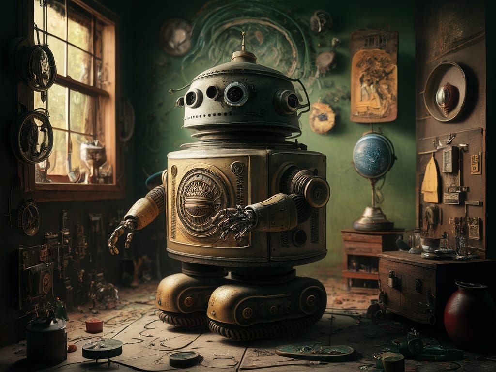 Robots Automating Menial Tasks in Surrealist Style