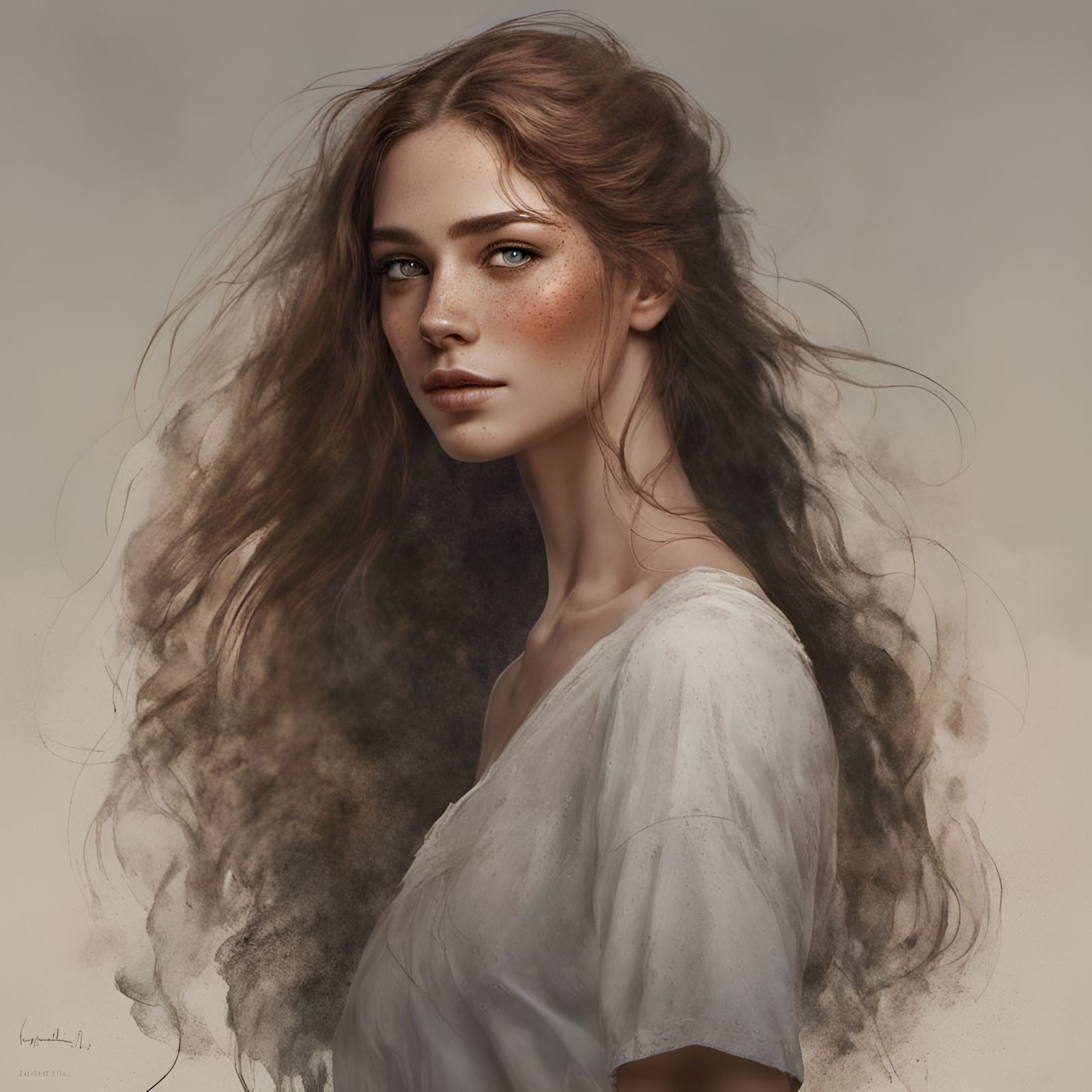 Armenian Beauty with Freckles and Flowing Hair