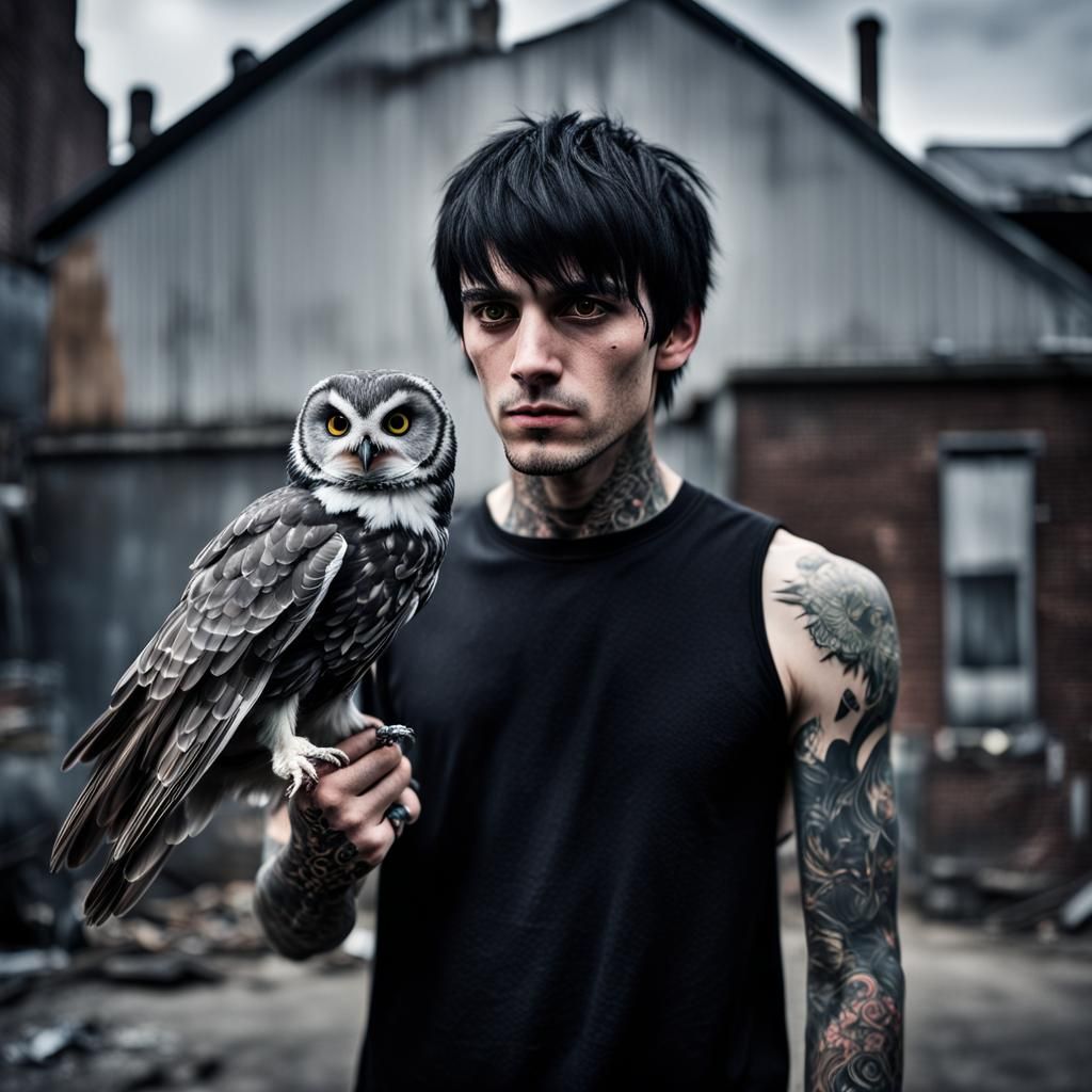 Goth Man with Owl in Urban Decay: Realistic Photo