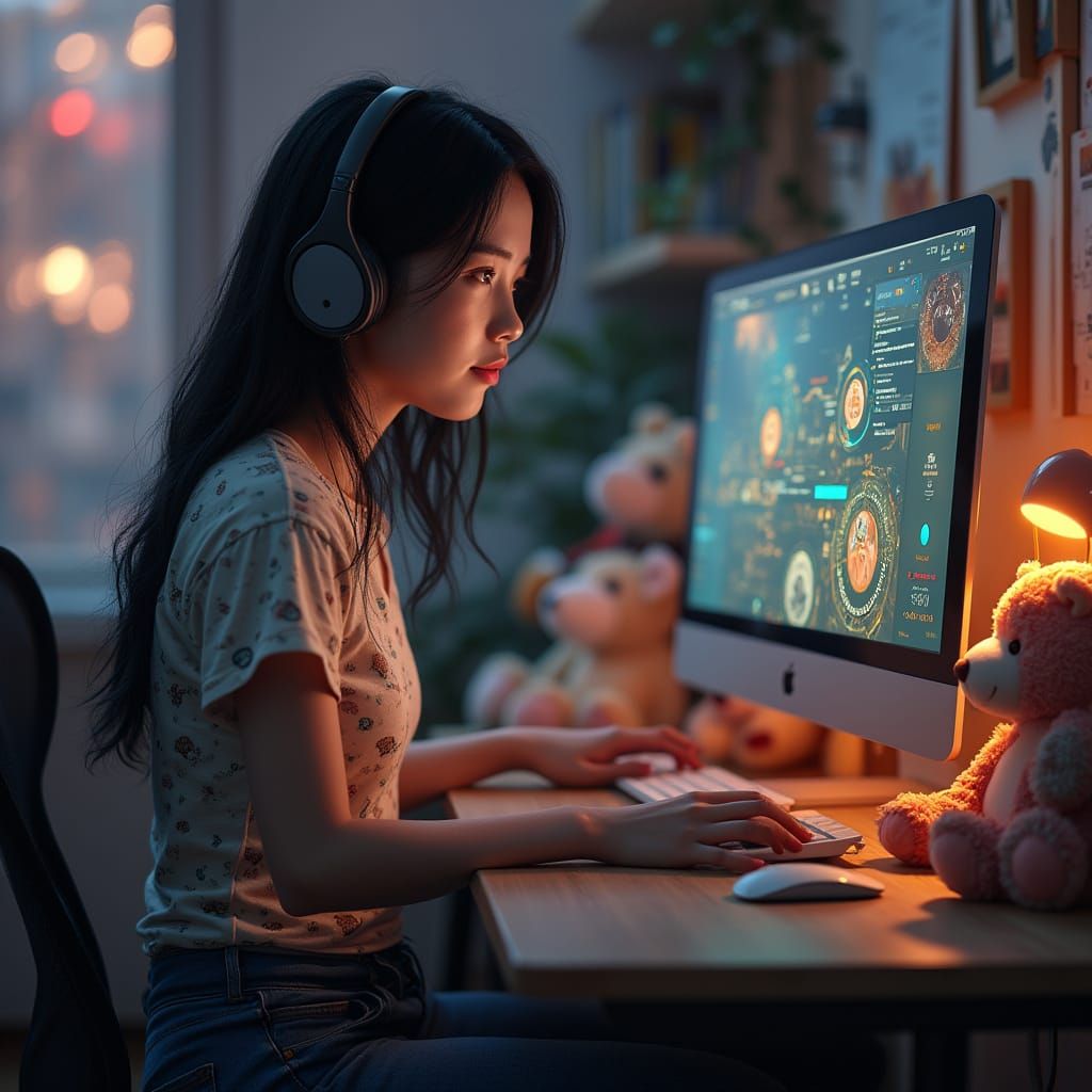 Asian Woman in Printed Tee Sits by High Tech Terminal
