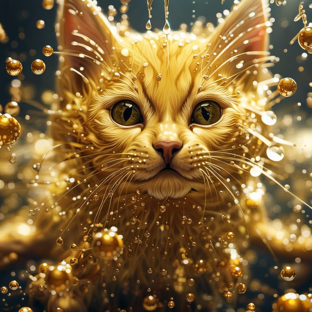 Golden Kitten Dripping Liquid Gold: Hyperrealistic Digital A...