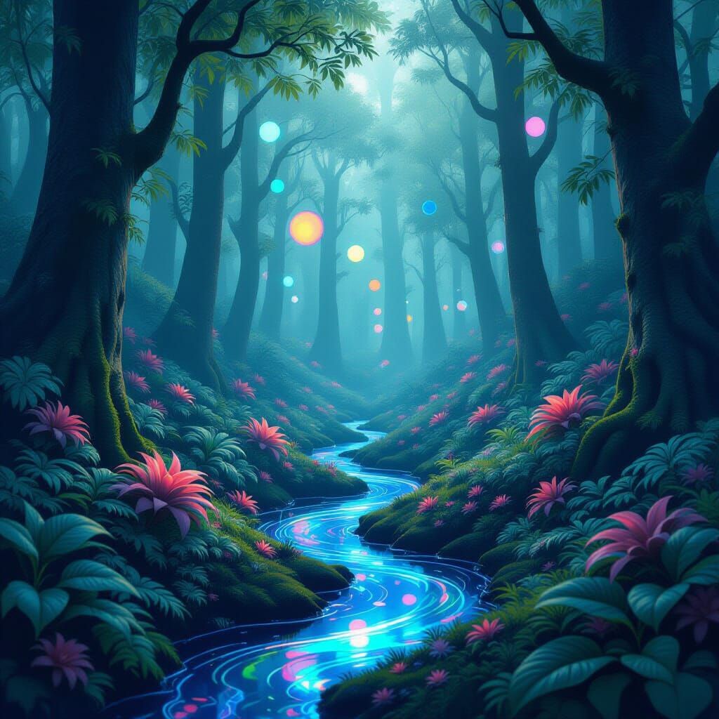 Whimsical Misty Forest with Iridescent Colors