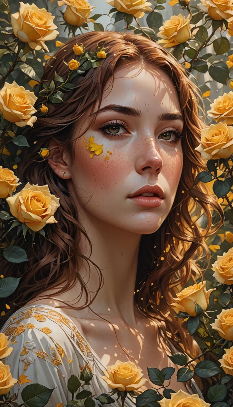 Freckled Girl Emerges from Roses: a Detailed Art Nouveau Por...