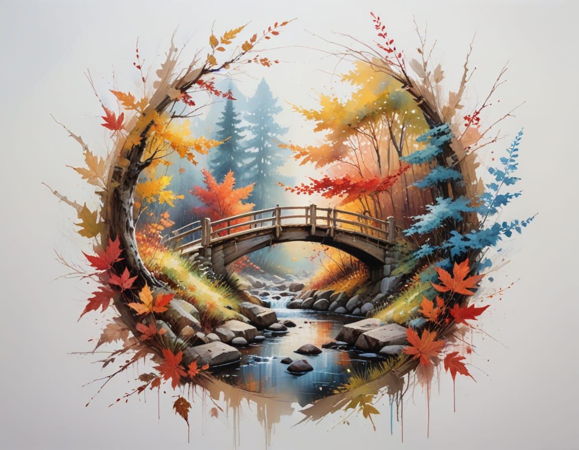 Vibrant Autumn Forest Clearing with Wooden Bridge