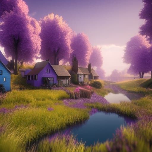 Serene Village with Purple Trees in 3D Cinematic Style