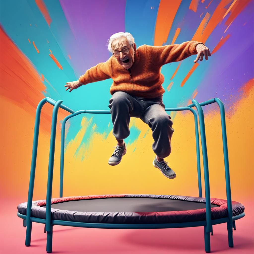 Hyperrealistic Old Person Jumping on Trampoline