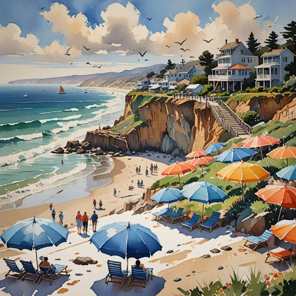 Vibrant Southern California Beachscape in Gouache Impression...