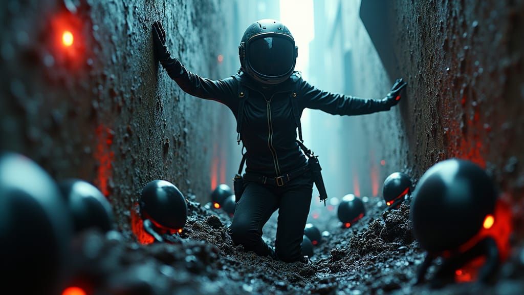 Dystopian Cyberpunk: Woman Trapped in Wasteland Crevice