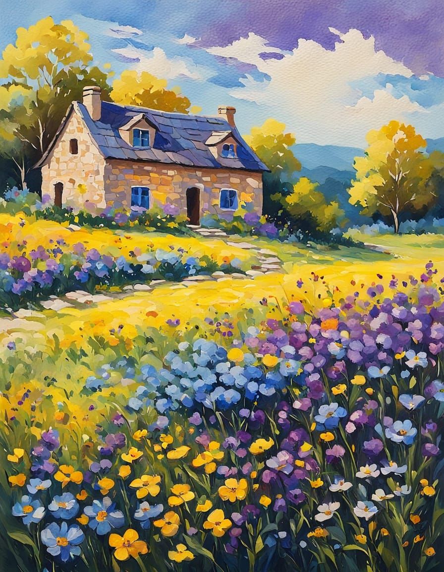 Stone House in Wildflower Meadow: Acrylic Landscape