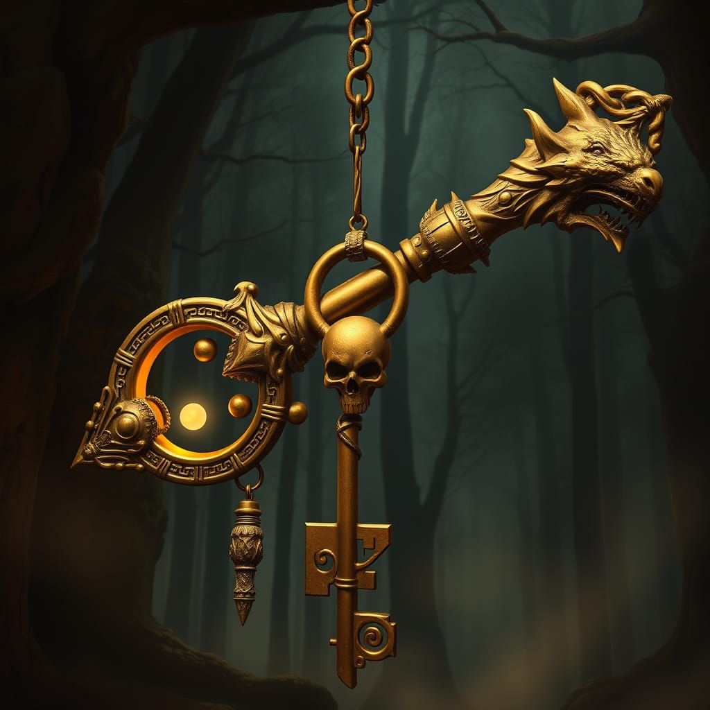 Ornate Golden Key Suspended in Misty Forest