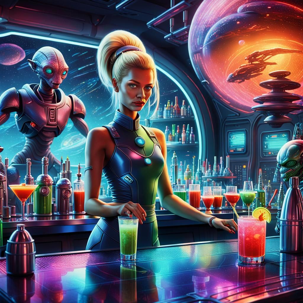 Stunning blond woman working as a bartender in a outerspace ...