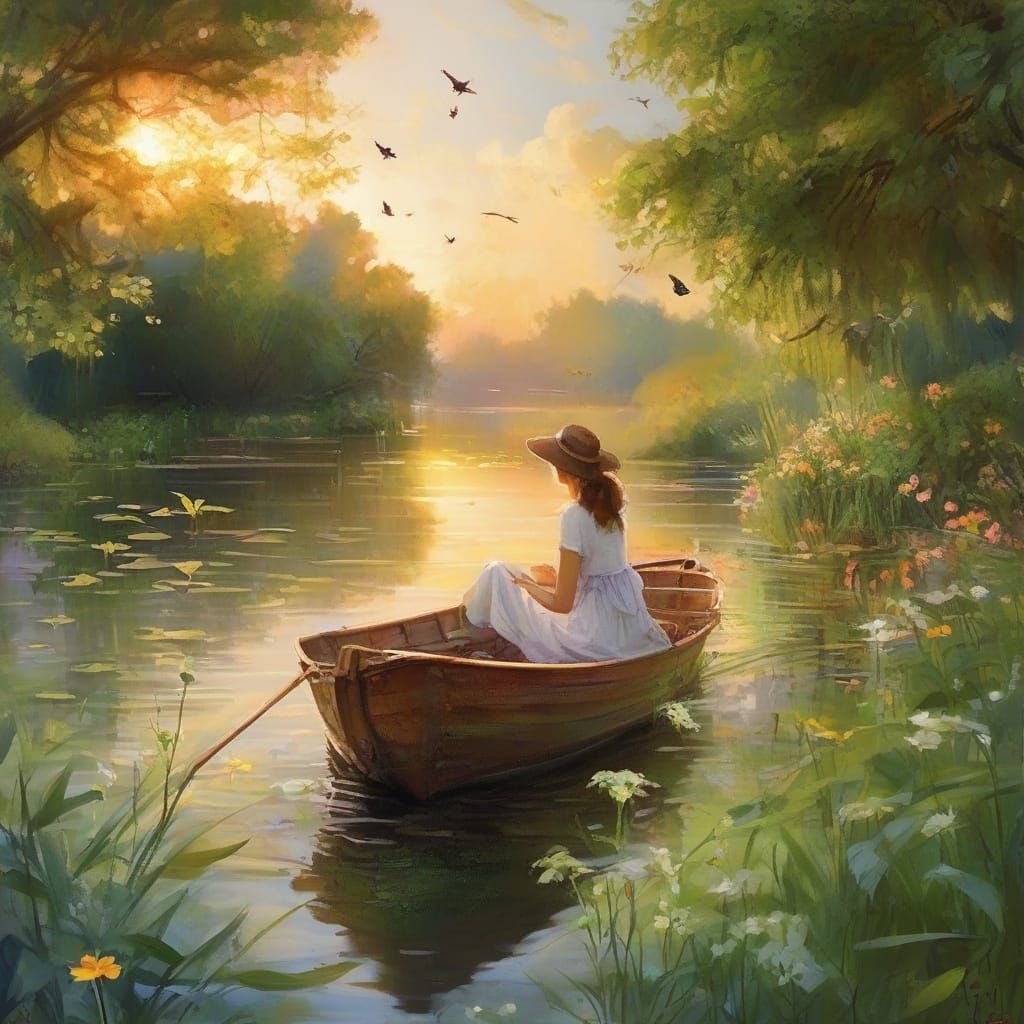 Romantic Boat Ride at Sunset in a Whimsical Style