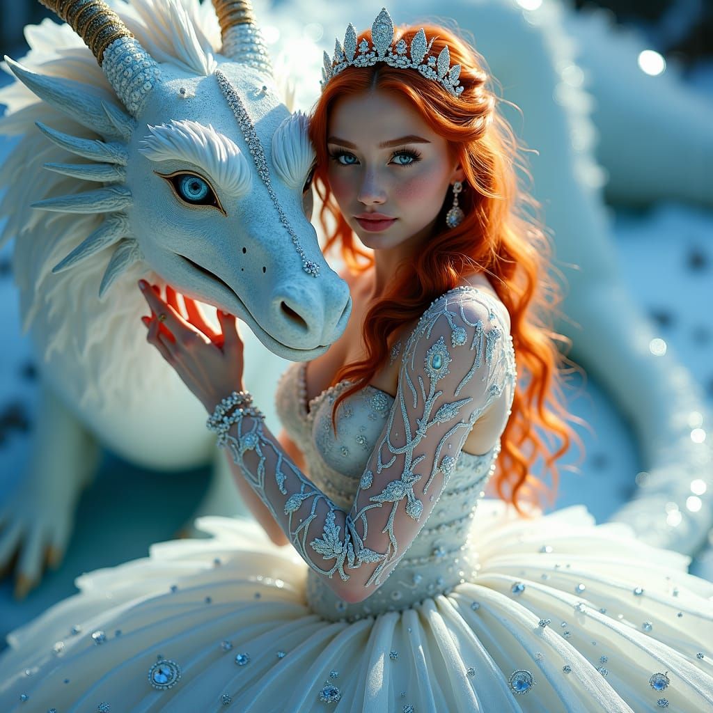 Icy Redhead with Dragon in Winter Ballgown
