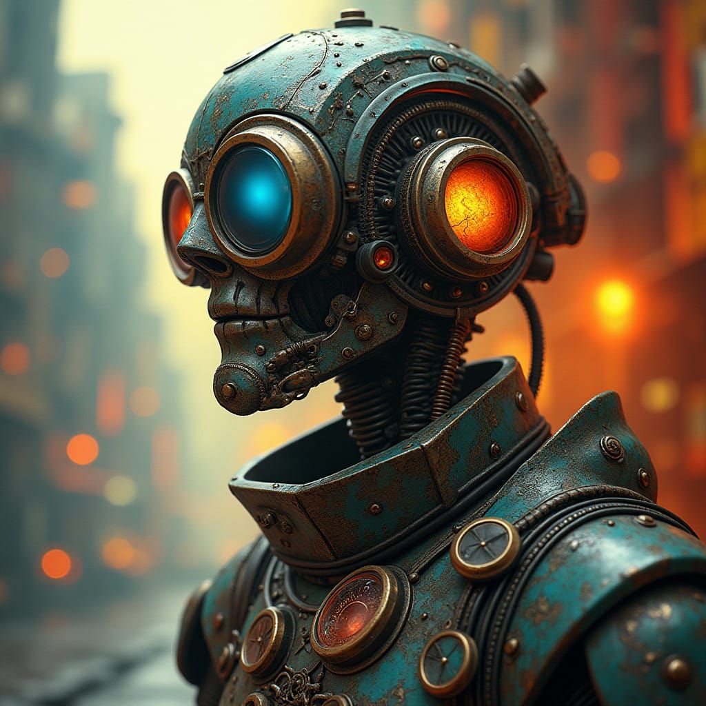 Steampunk Figure in a Vibrant Industrial Cityscape
