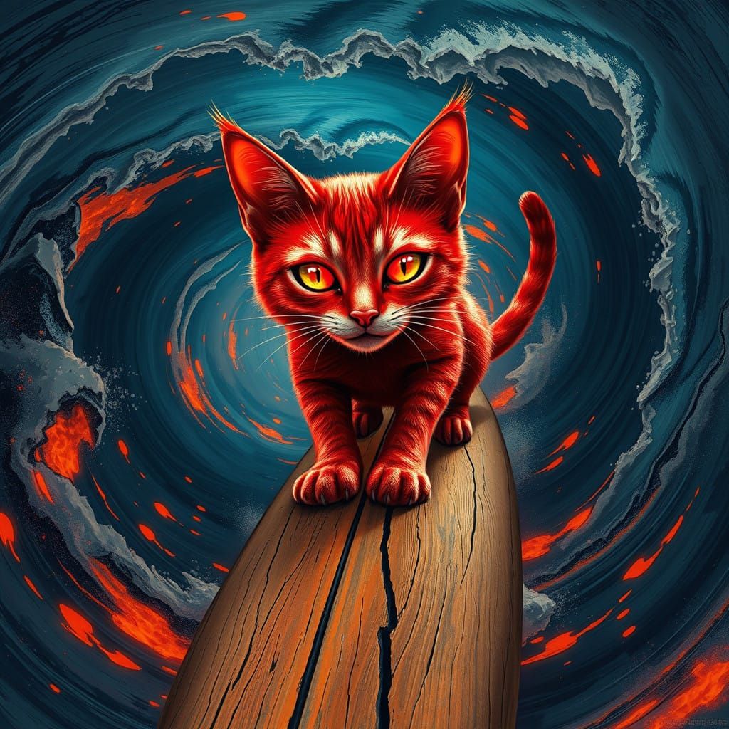 Surreal Red Cat Rides Lava Wave on Wooden Surfboard