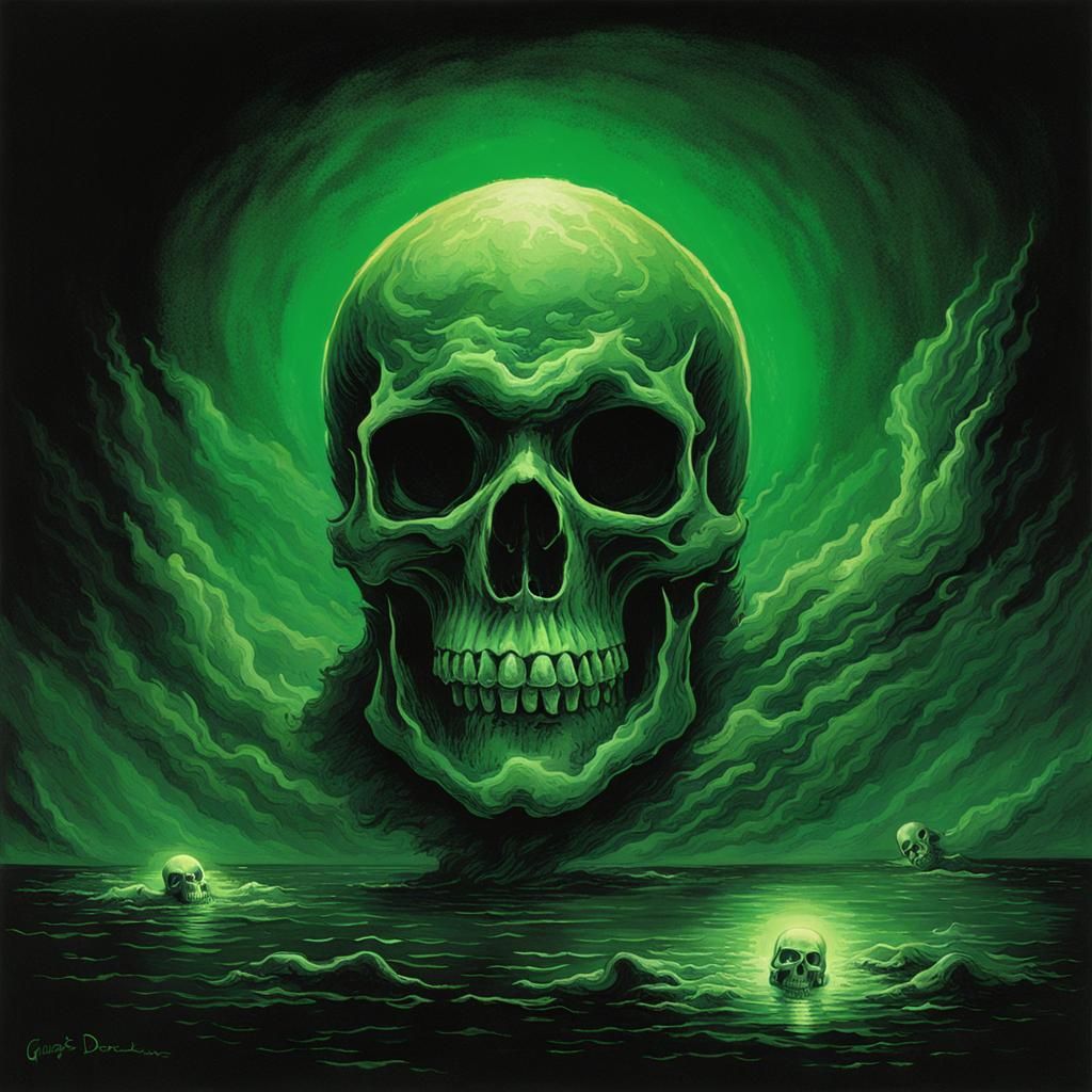 Eerie Green Skull Floating in Darkness